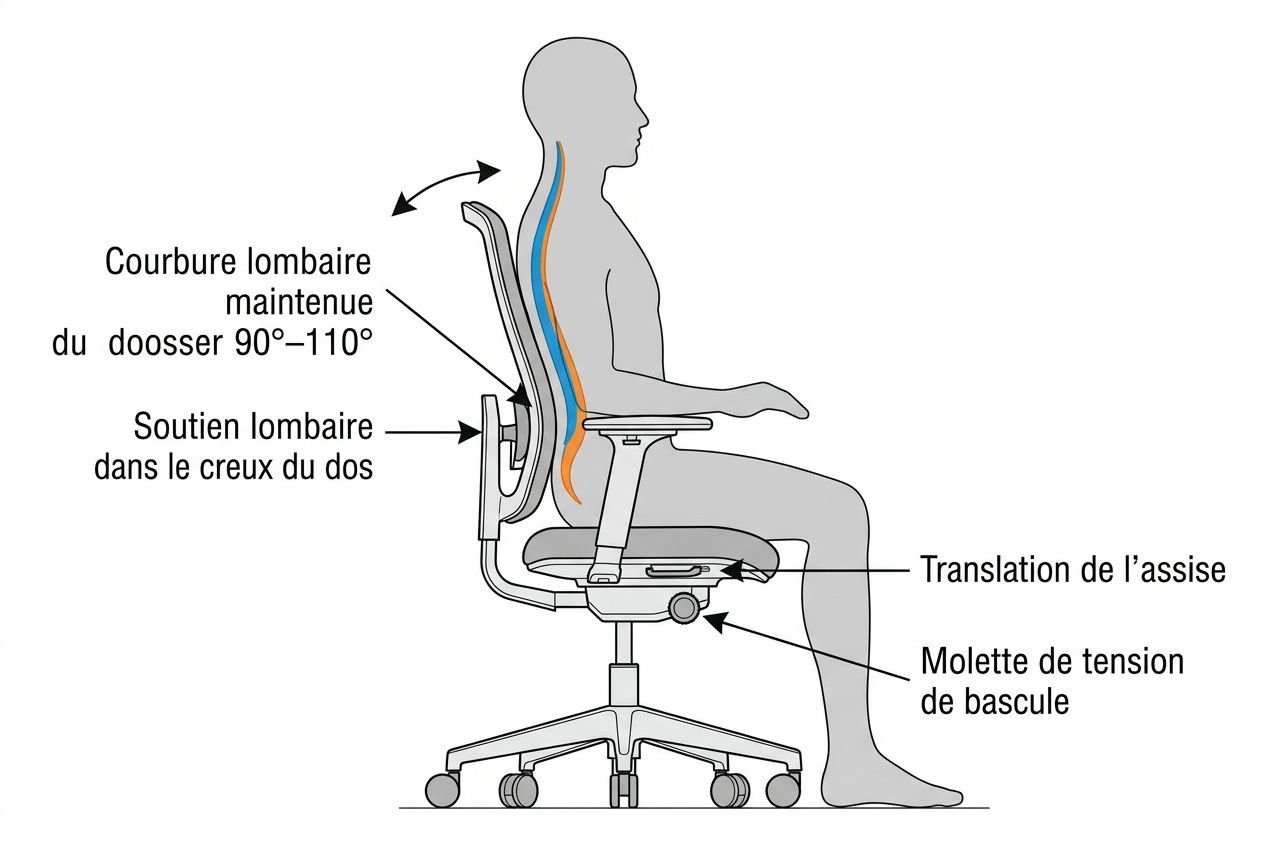 ALT: Simple silhouette d’une personne assise sur une chaise de bureau avec dossier incurvé et accoudoirs, montrant la position assise et les mécanismes de réglage. commentaire: comment régler son fauteuil de bureau.