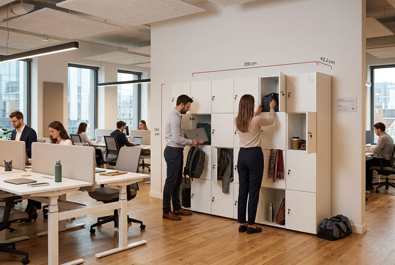 Aménagement bureau flex : employés utilisent des casiers et zones de travail modulables dans un espace collaboratif moderne.