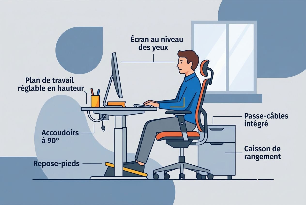 Aménagement bureau travail : employé assis à hauteur, bureau réglable, écran, clavier et chaise ergonomique, rangement et passage des câbles inclus.