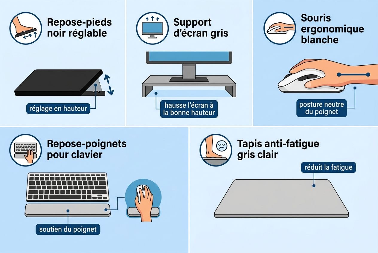 Aménagement espace de travail ergonomie: illustration montrant outil ergonomique et conseils posture, hauteur et soutien du poignet, tapis anti-fatigue gris clair et repose-poigns pour clavier.