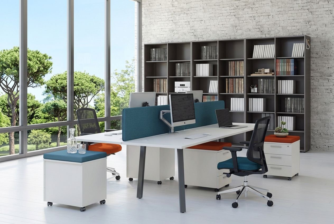 Aménager un bureau pour 2 personnes: espace double avec postes côte à côte, rangements et fauteuils ergonomiques dans un bureau moderne lumineux.
