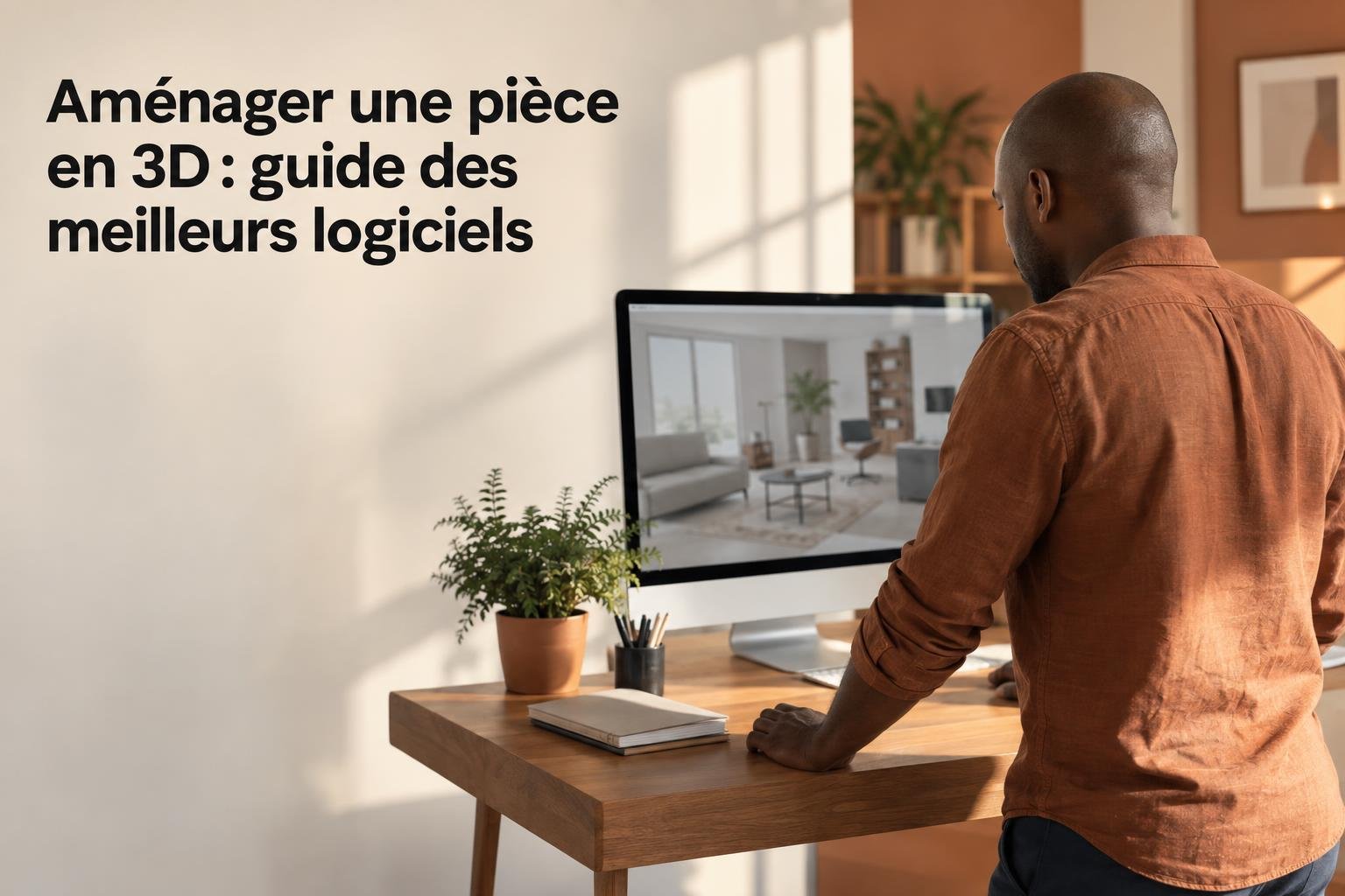 Aménager une pièce en 3D : un homme consulte un logiciel de plan 3D sur un grand écran, bureau en bois, plantes et carnet à côté.