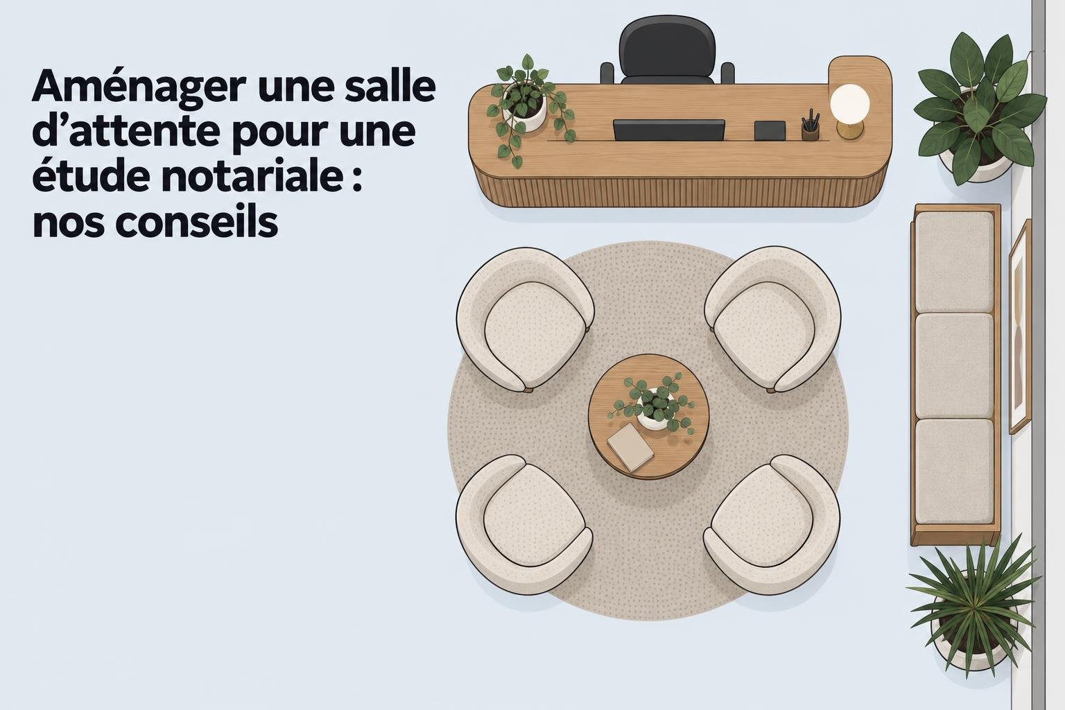 Aménager une salle d'attente pour une étude notariale : espace de réception avec bureau, quatre fauteuils autour d’une table ronde et plantes, ambiance rassurante et confidentialité.