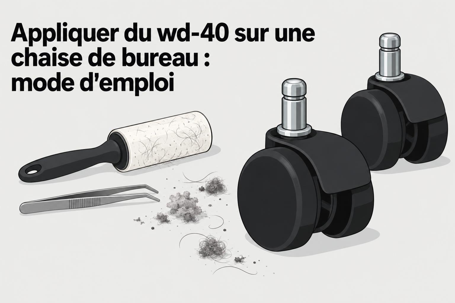 Appliquer du WD-40 sur une chaise de bureau : roulettes, outil, pinces et saletés autour pour entretien des mécanismes.