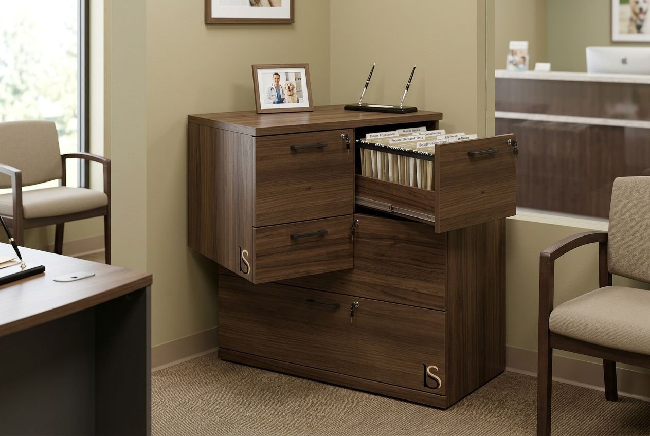 Armoire de rangement en bois foncé avec tiroirs et tiroir à dossiers partiellement tiré, montrant des classeurs organi­sés à l’intérieur, dans un cabinet vétérinaire.