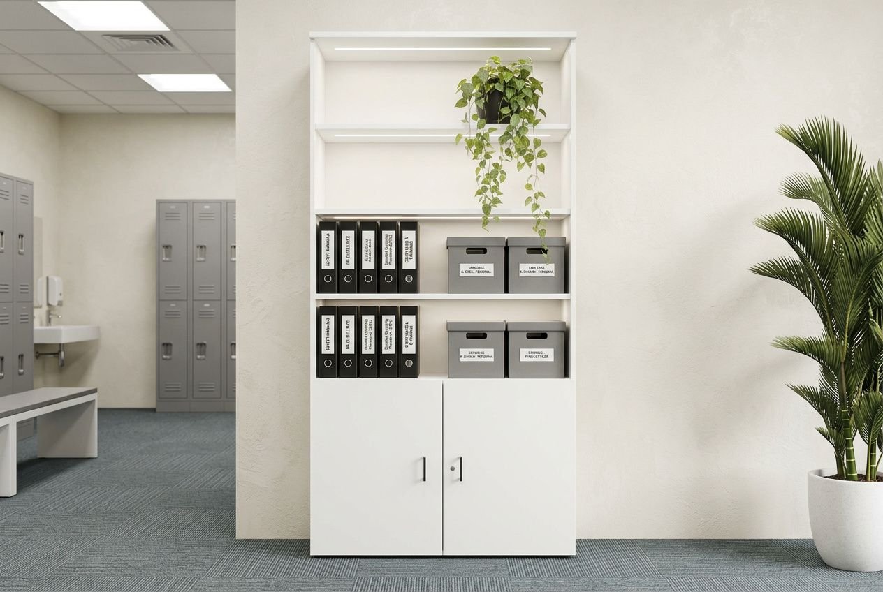 Armoire de rangement et casiers au bureau avec plantes et étagère, logo et boîtes d’archives visibles. les vestiaires sont-ils obligatoires en entreprise intégré naturellement?