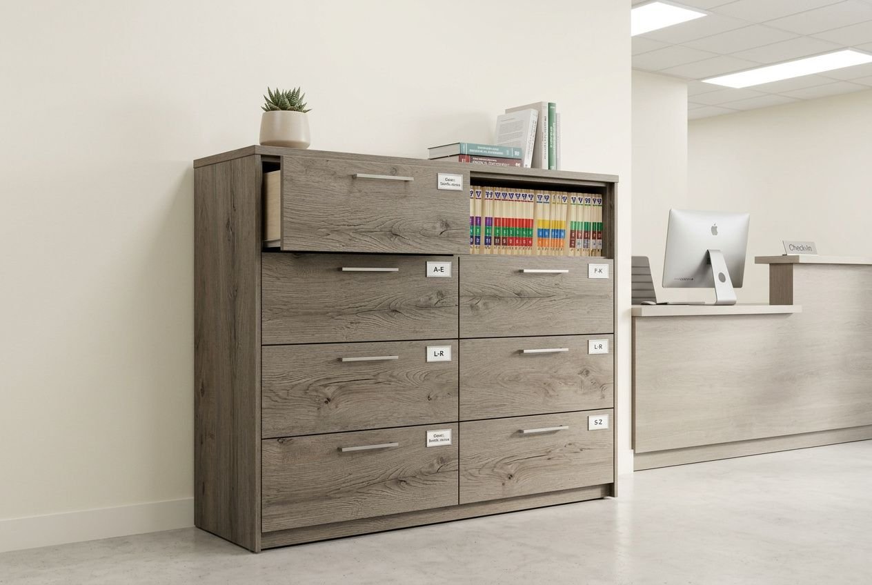 Armoire de rangement dossiers cabinet vétérinaire en bois gris, avec tiroirs étiquetés et une étagère supérieure, dans une salle accueillante.