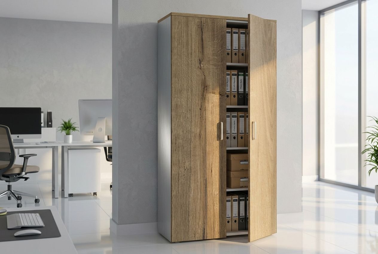 Armoire de rangement professionnel en bois clair, portes ouvertes montrant des classeurs et cartons organisés dans un bureau moderne.