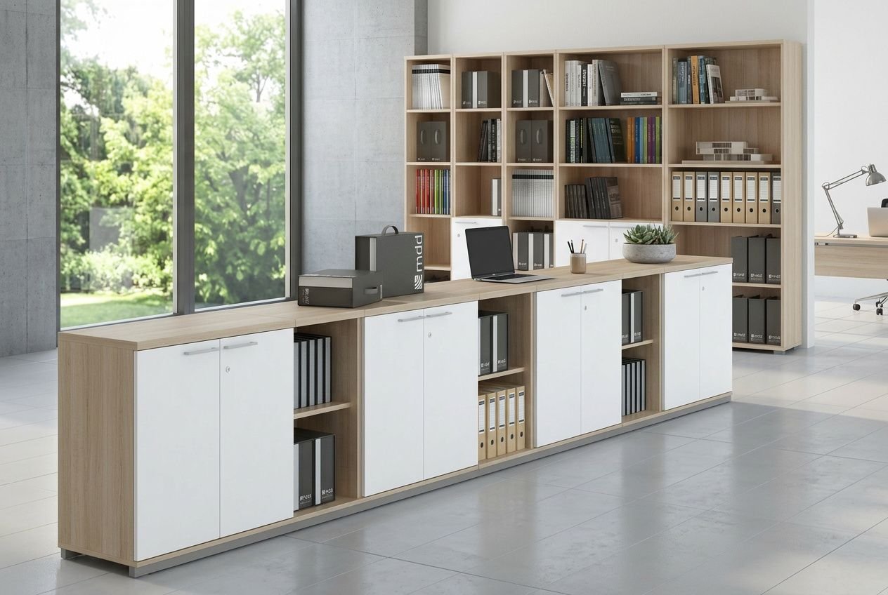 Armoire de rangement professionnel en bureau moderne: rangement bas avec portes blanches et étagères ouvertes au-dessus, ambiance lumineuse et bureaux voisins.