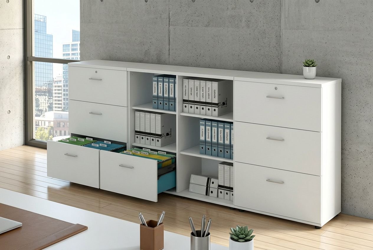 Armoires de rangement professionnel : grande commode blanche avec tiroirs et casiers, parfaite pour bureau ou atelier.