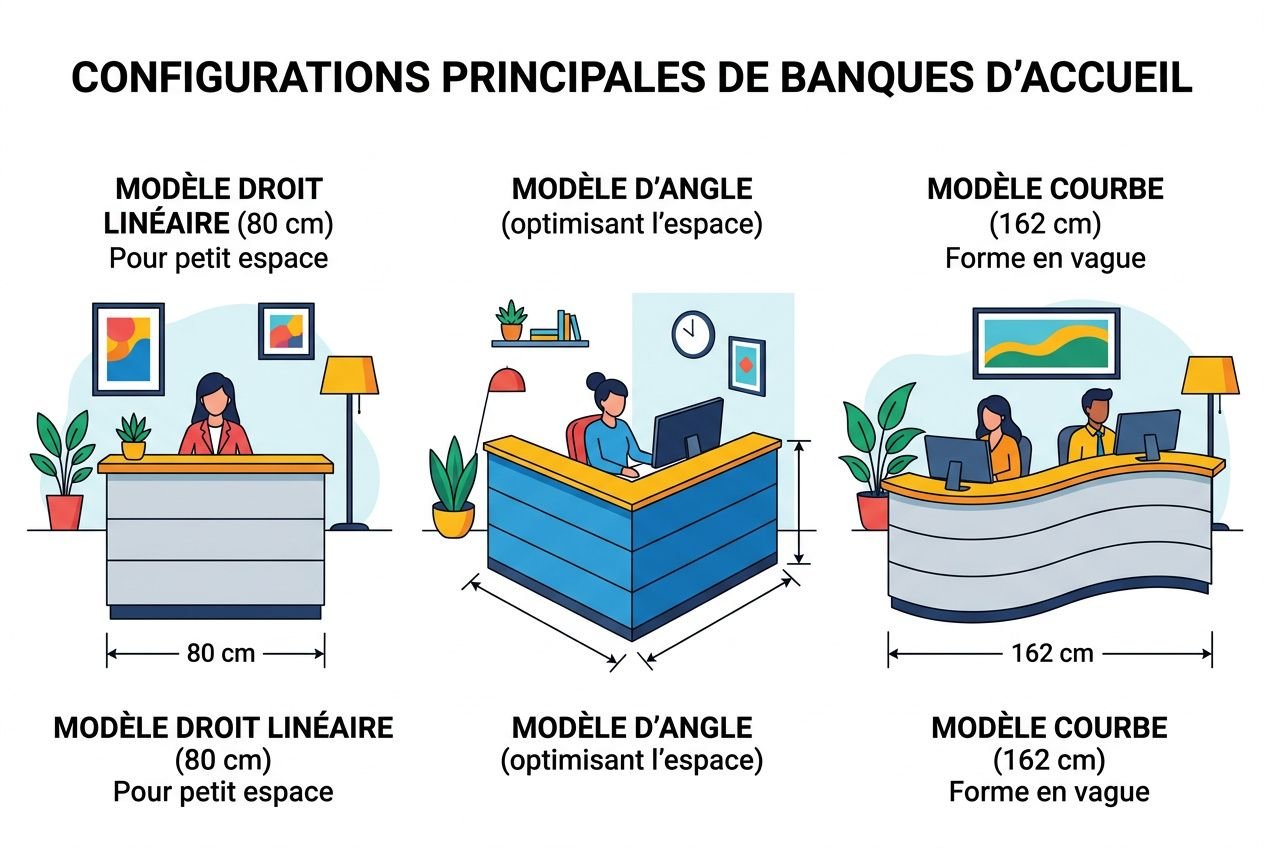 Banque d’accueil avec comptoirs et bureaux de réception de trois configurations (ligne droite, angle optimisant l’espace, forme en vague) et dimensions 80 cm ou 162 cm.