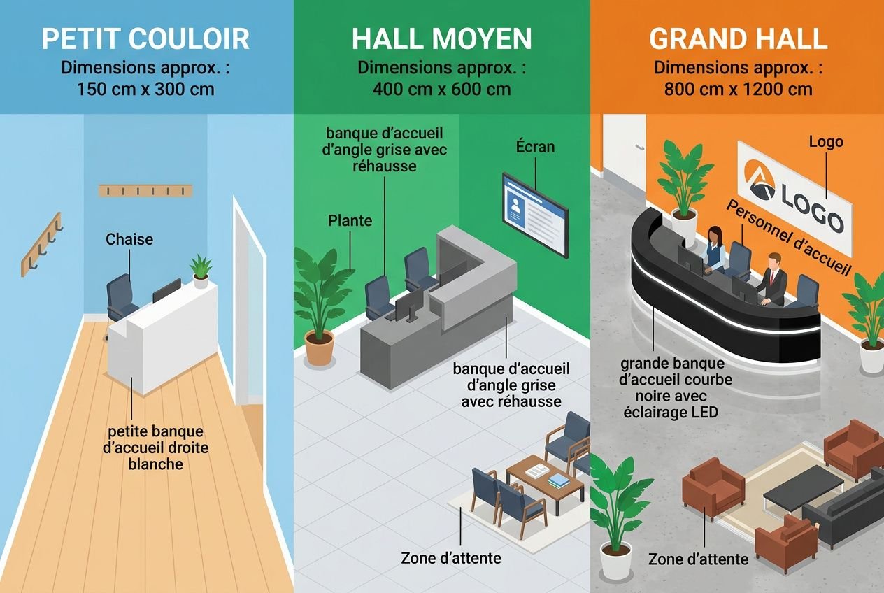 Banque d'accueil design sur mesure : trois zones : petit couloir, hall moyen et grand hall avec mobilier et logo d’accueil. nQue d'accueil professionnel présente un bureau, comptoir et zones d’attente modernes.