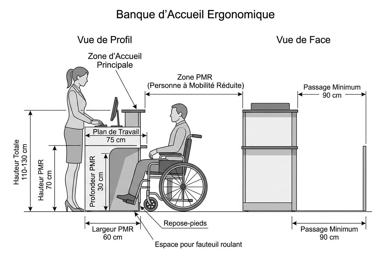 Banque d’accueil ergonomique : vue de profil montrant une employée debout, un fauteuil roulant et les dimensions d’accès et plan de travail. intégré nque d'accueil professionnel.