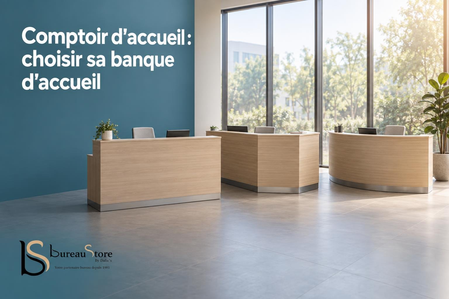 Banque d’accueil moderne en bois clair avec trois postes et un mur bleu à gauche.
