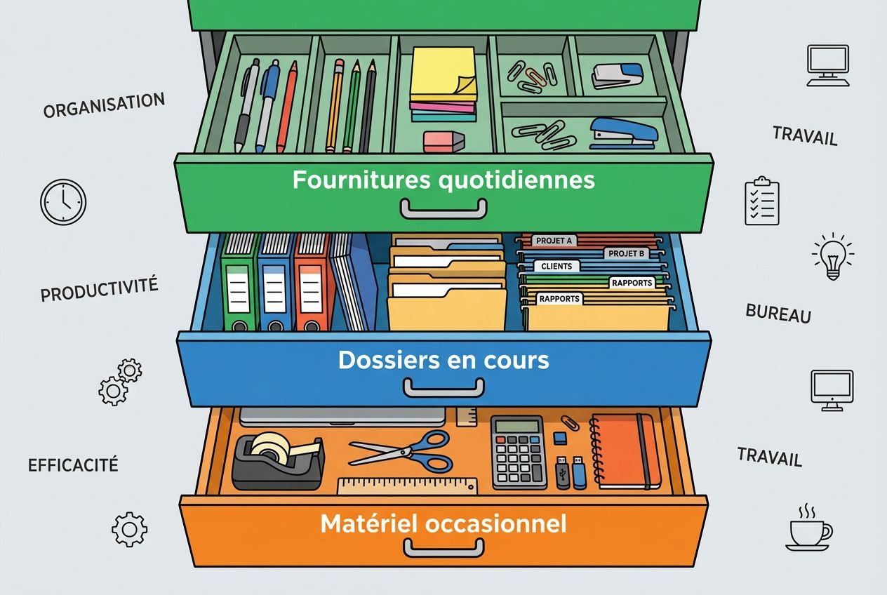 Boîtes à tiroirs colorées montrant l’organisation du bureau: fournitures quotidiennes, dossiers en cours et matériel occasionnel, pour une organisation bureau professionnel et rangement efficace.