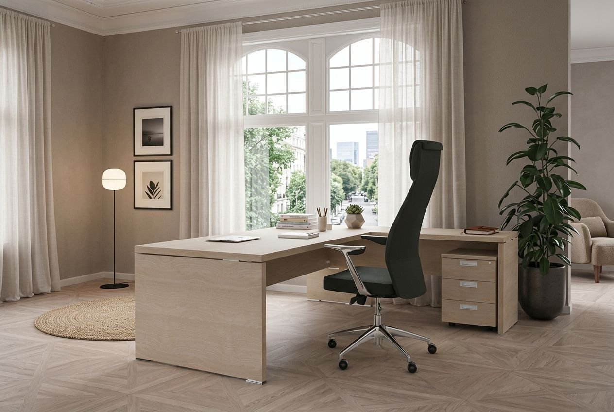 Bureau aménagé dans un petit espace : table en L, grand bureau clair, chaise ergonomique noire, rangement tiroirs, lampadaire et plantes, ambiance lumineuse et épurée. aménagement bureau petit espace.