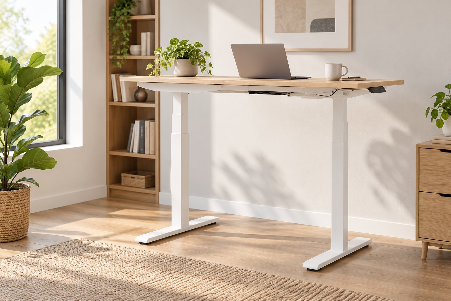 Bureau assis debout en bois clair avec ordinateur et plantes sur le dessus, dans un espace lumineux.