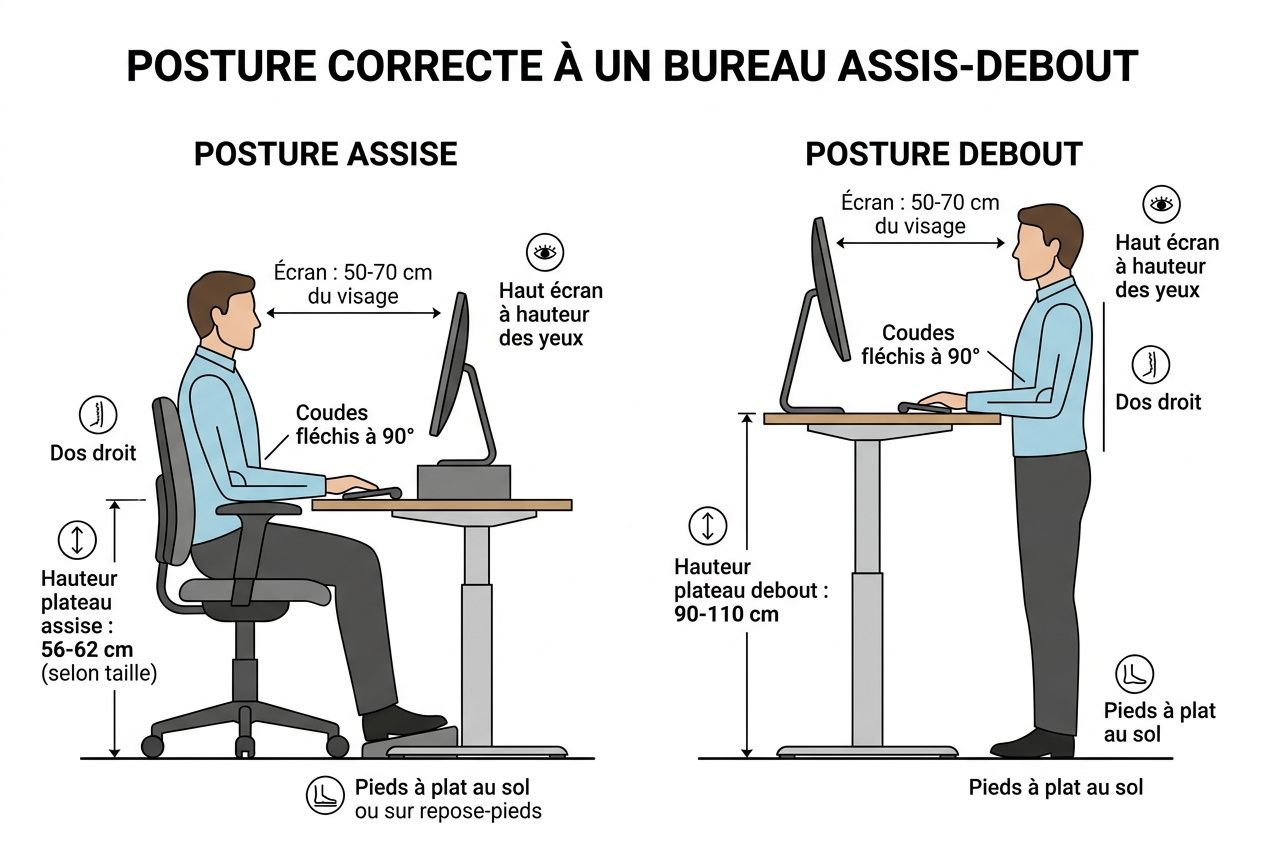 Bureau assis-debout en comparaison: posture assise à gauche et debout à droite, écran 50-70 cm du visage, siège ergonomique, pieds au sol, repose-pieds, et hauteur ajustable du plateau, cadre et indications pour petites espaces.