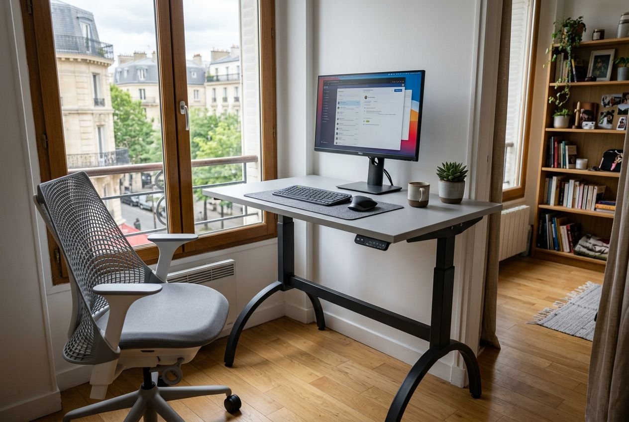 Bureau assis-debout élégant en petit espace avec bureau debout électrique, écran, clavier et plantes sur plan de travail près d'une fenêtre.