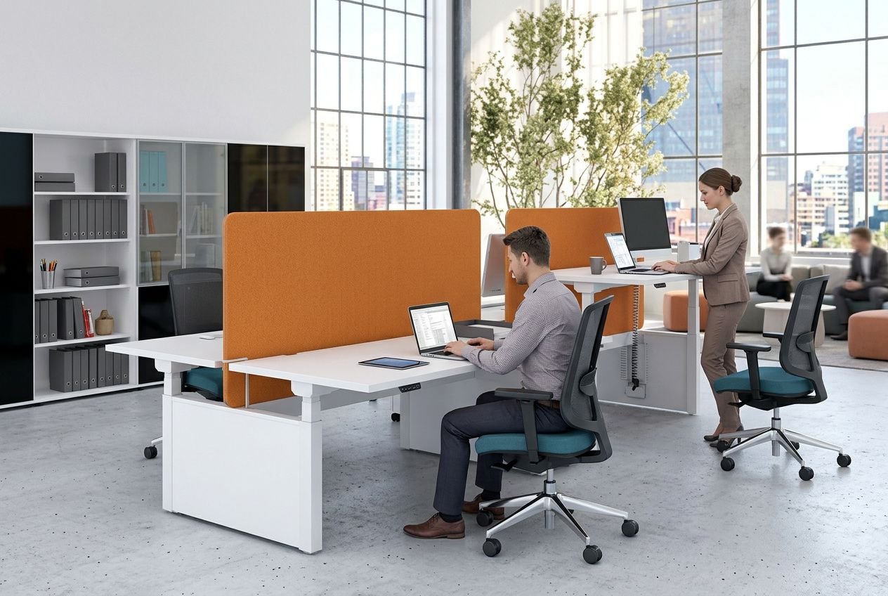 Bureau bench ergonomique hauteur réglable en open space: postes de travail partagés avec séparateurs orange, fauteuils ajustables et écrans, ambiance lumineuse et moderne.