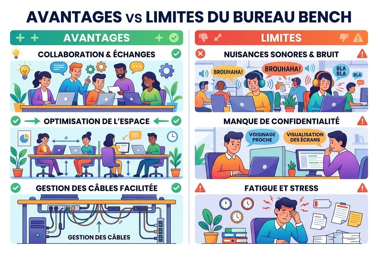 Bureau bench c est quoi : illustration comparative “avantages vs limites du bureau bench” montrant groupes en open space, échanges et optimisation, avec câbles, et côtés nuisances, confidentialité, fatigue et stress.