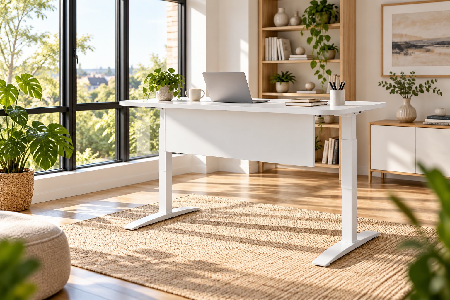 bureau blanc avec une table assise-debout dans une pièce lumineuse, ordinateur portable et plantes sur le bureau.