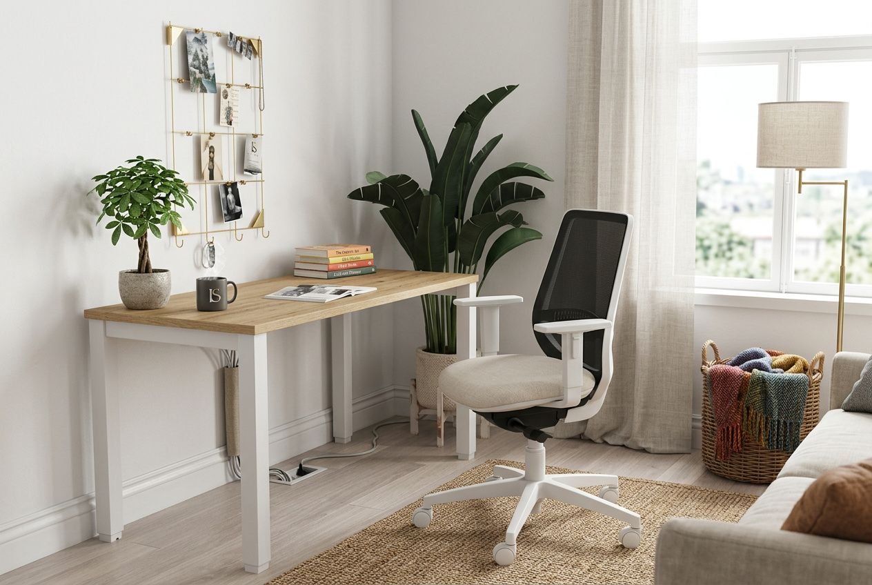 Bureau compact et lumineux: espace de travail avec bureau en bois clair, chaise blanche ergonomique et plantes vertes près d’une grande fenêtre, décorMinimaliste et rangement mural. aménagement bureau petit espace intégré.