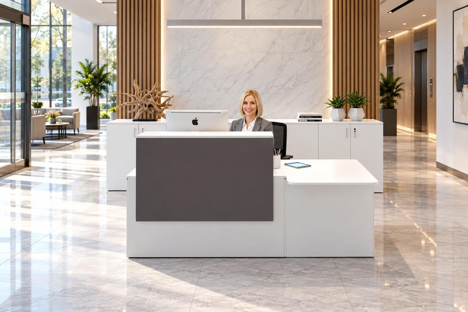 Bureau d’accueil moderne avec une employée assise derrière le comptoir dans un hall lumineux.