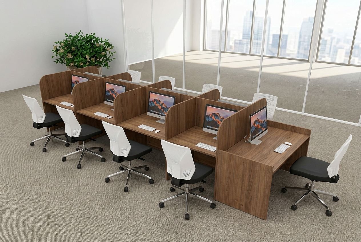 Bureau d’entreprise avec postes informatiques séparés par des cloisons en bois, chaises noires et blanches, espace lumineux et moderne pour l’aménagement bureau d'entreprise.