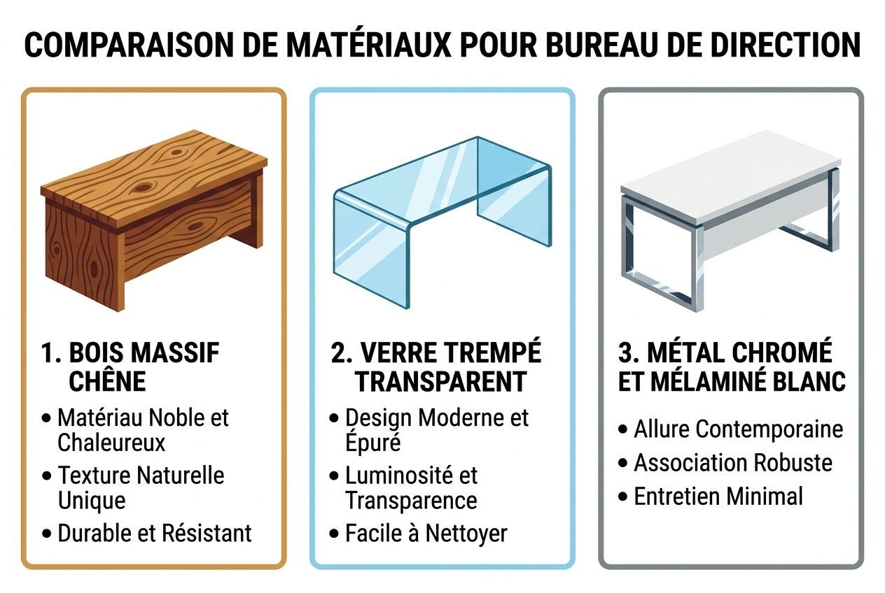 Bureau direction moderne design : comparatif de meubles de bureau en bois massif, verre trempé transparent et métal chromé.