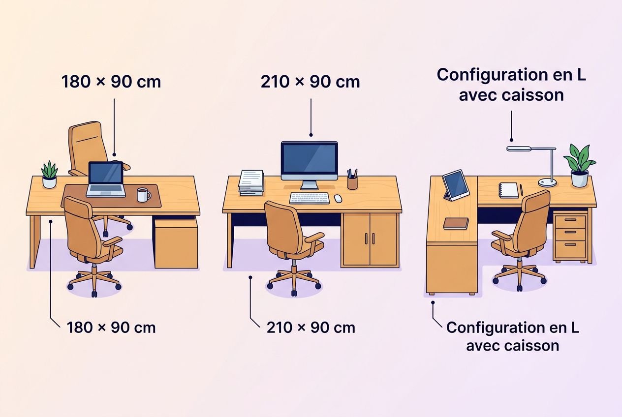 Bureau direction moderne design avec plusieurs configurations: poste en L avec caisson et éclairage, chaise pivotante et ordinateur, 210 × 90 cm et 180 × 90 cm, décor bois et plantes.