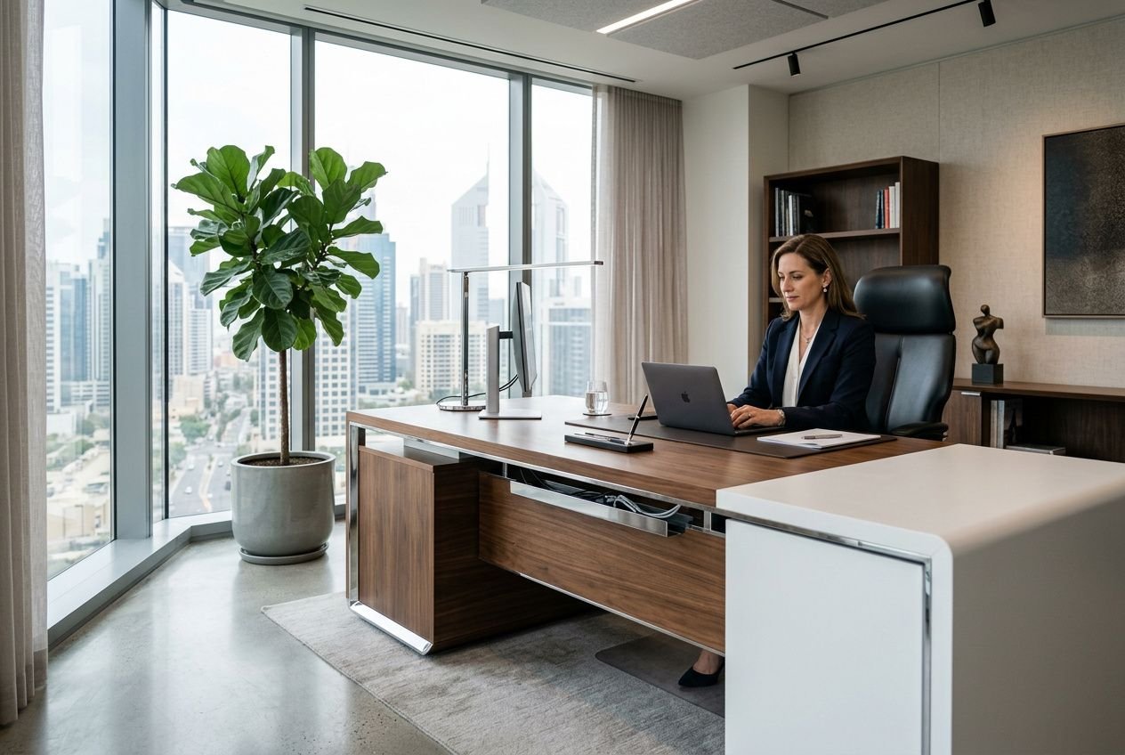 Bureau direction moderne design : une professionnelle assise à un grand bureau en bois, ordinateur portable, vue urbaine par les fenêtres, décor élégant et plantes.