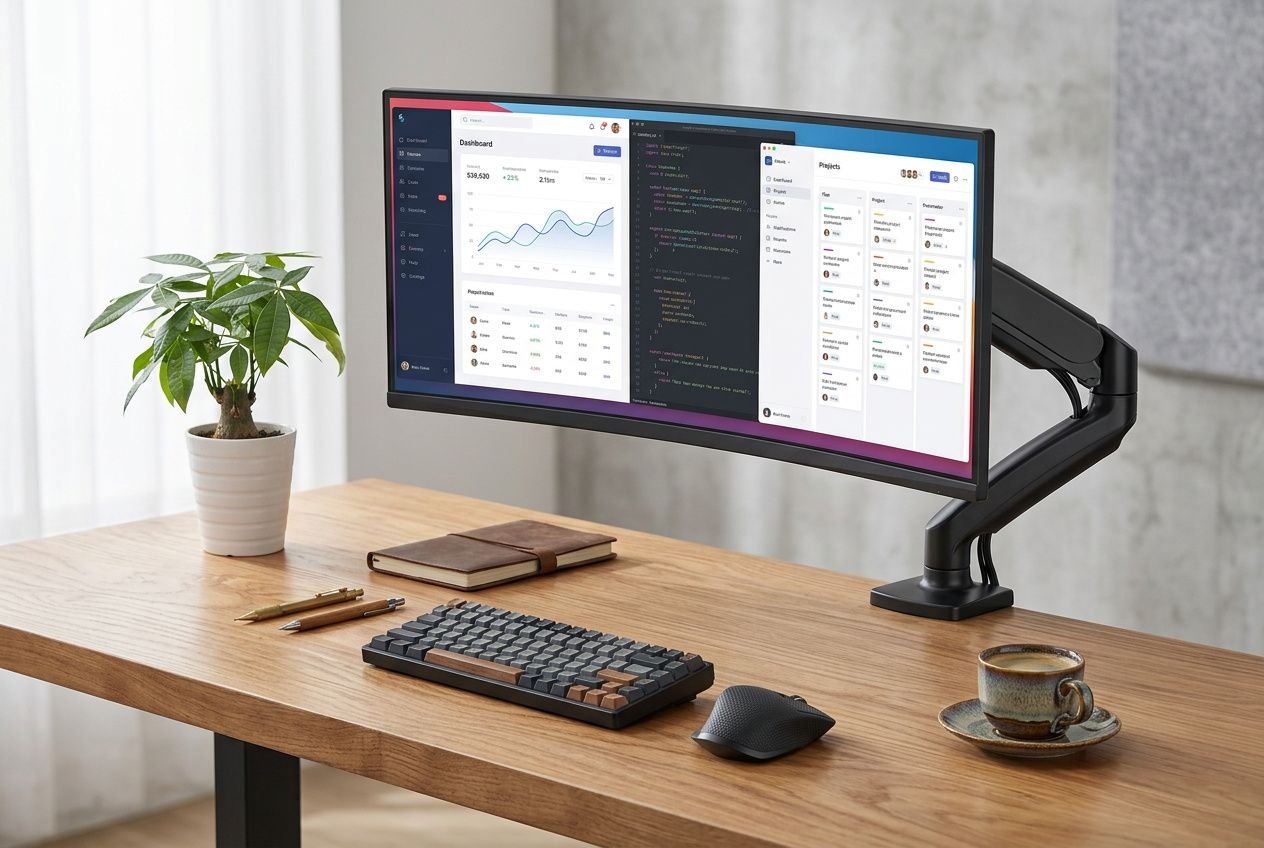 Bureau avec écran ultra-large affichant code et dashboard, plante, carnet, clavier, souris et tasse sur la table. Les 5 formes de flexibilité du travail évoquées.