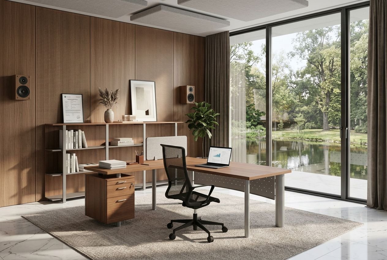 Bureau élégant avec bureau en bois et chaise noire, mur en panneaux, étagères et enceintes murales; grande baie vitrée donnant sur un jardin, ambiance calme et professionnelle. isolation phonique bureau suggérée par l’espace et les traitements acoustiques.