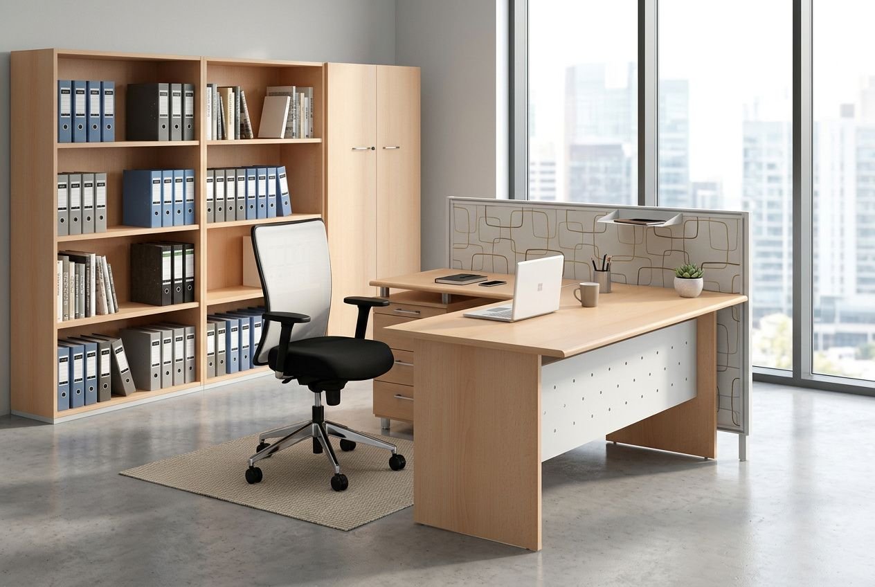 Bureau ergonomique moderne avec bureau principal et séparateur, chaise pivotante et bibliothèque rangée de dossiers dans un espace de travail lumineux. comment bien choisir son bureau intégré.