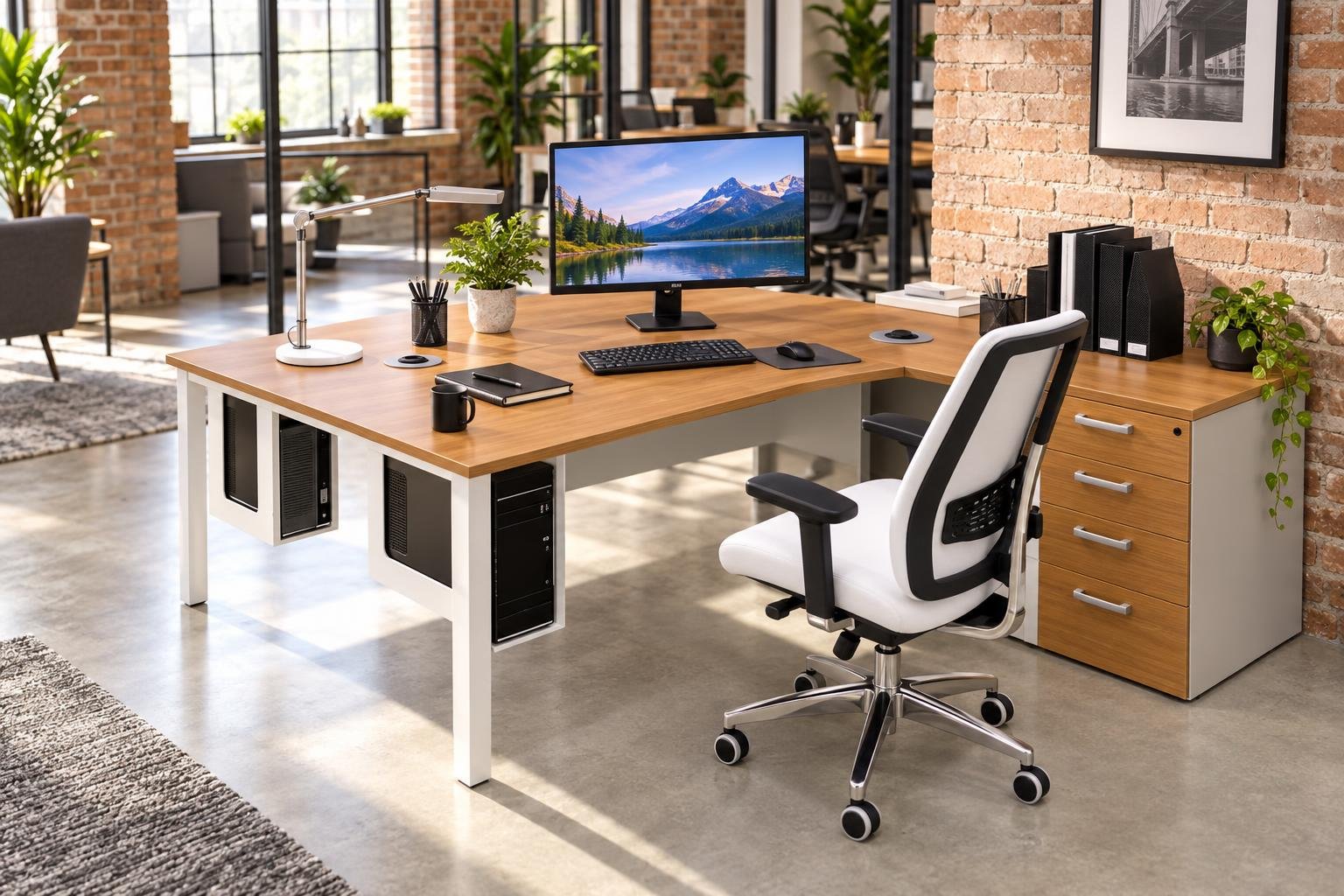 Bureau individuel en coworking avec ordinateur et chaise ergonomique dans un espace lumineux et moderne.
