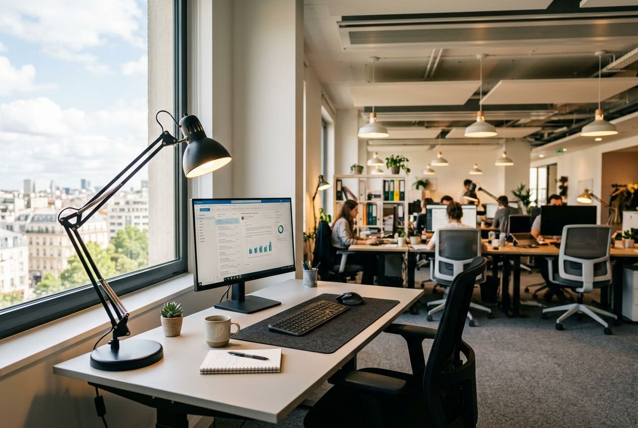 Bureau lumineux avec poste de travail près d’une grande fenêtre, ordinateur, lampe de bureau et accessoires, cadre d’espace de travail ouvert. norme éclairage dans les bureaux intégré naturellement.