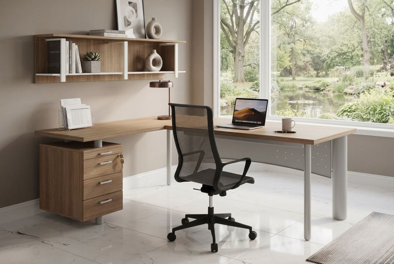Bureau minimaliste en bois avec bureau long et chaise ergonomique noire, rangeoire murale et tiroir, près d’une grande fenêtre donnant sur un espace vert. Comment désencombrer son bureau intégré.