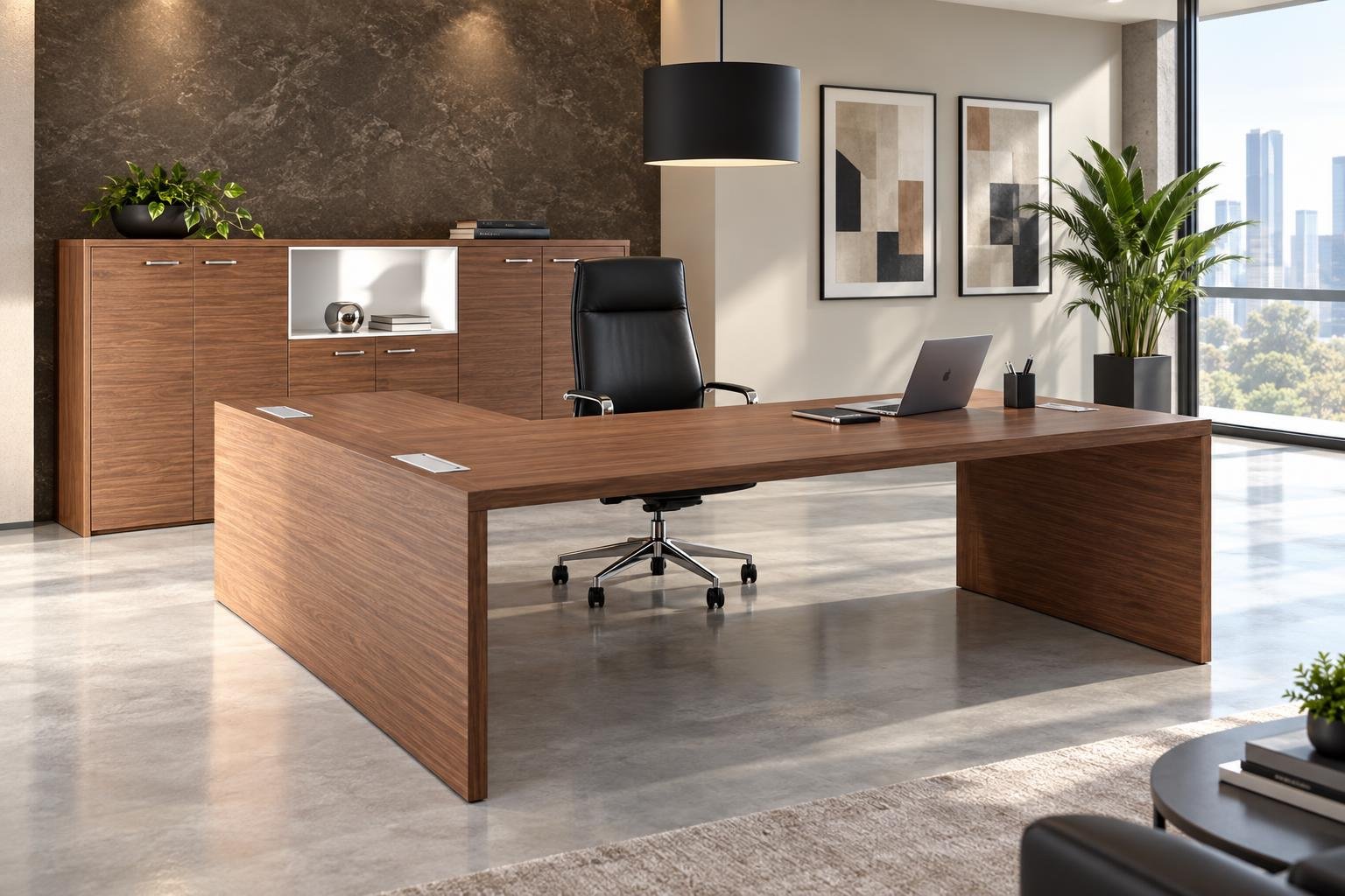 Bureau moderne en bois avec grande table rectangulaire et dossier fauteuil noir face à une grande baie laissant entrer la