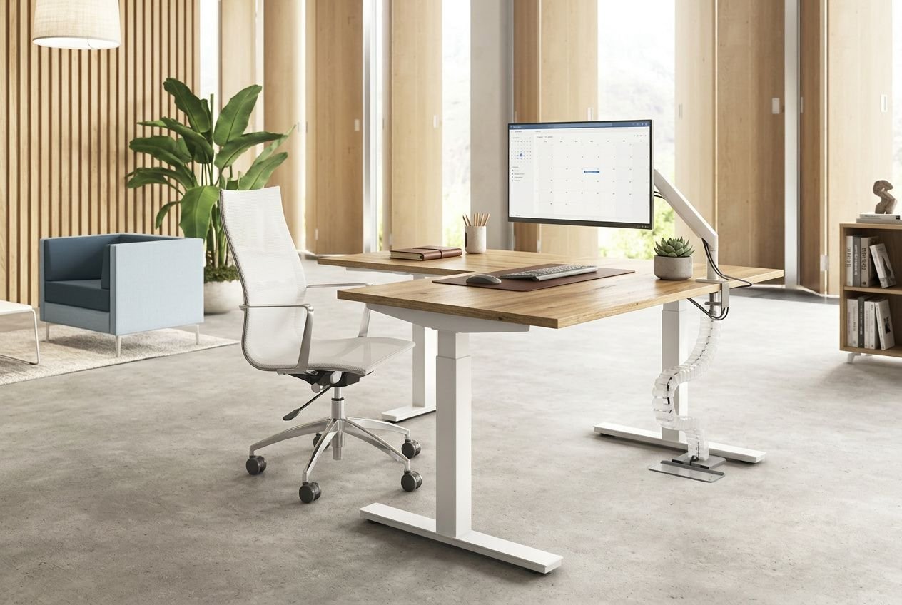 Bureau moderne avec bureau en bois et socle blanc, fauteuil pivotant blanc et écran d’ordinateur sur le plateau; intérieur lumineux et végétal. conseils pour l'entretien de ses meubles de bureau