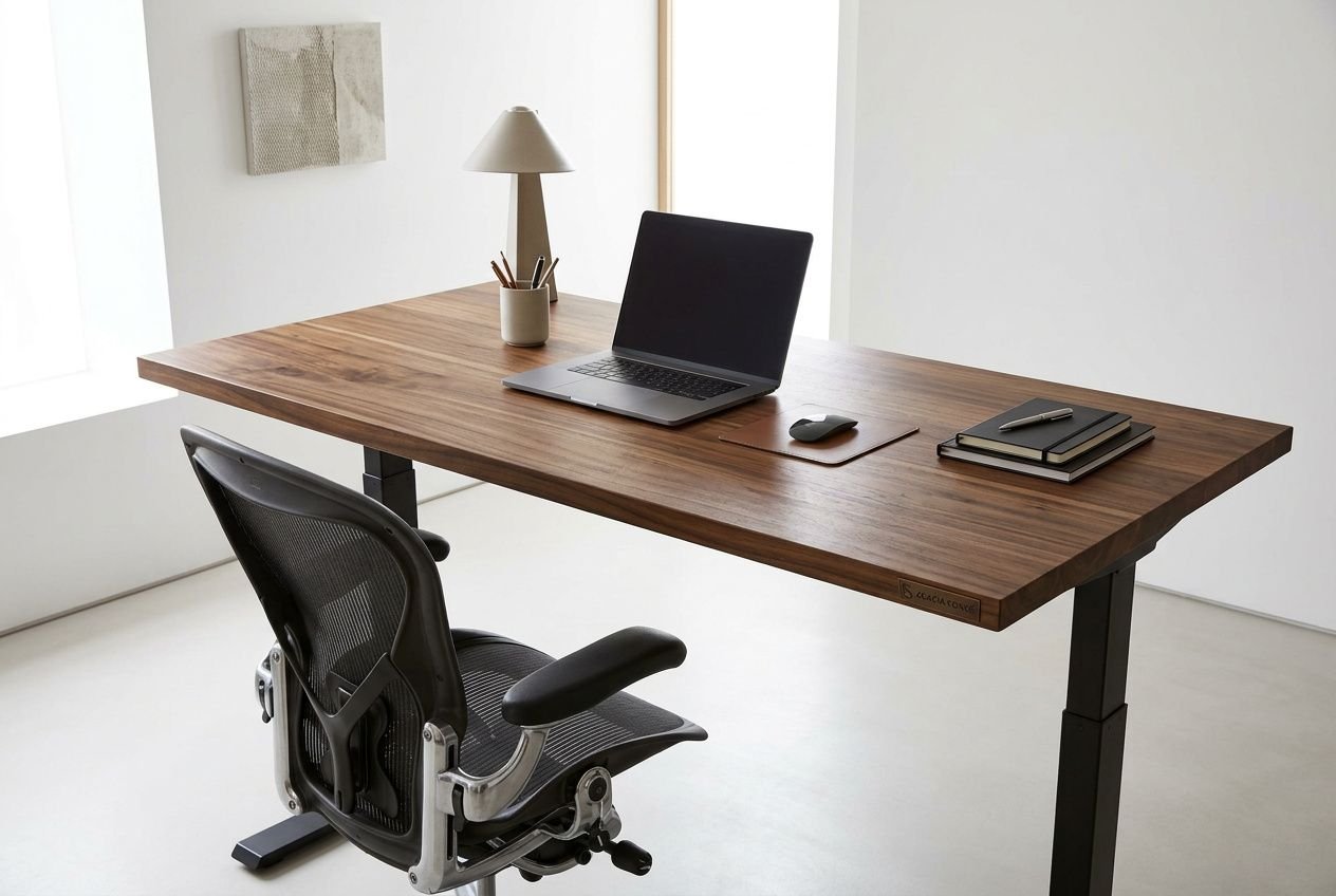 Bureau moderne avec chaise ergonomique, porte-documents, lampe et ordinateur portable sur un plateau en bois.