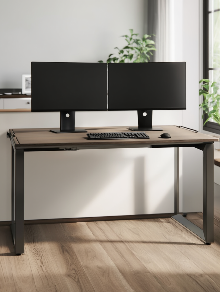Bureau moderne avec deux écrans et clavier sur un plan de travail bois, cadre noir et pieds métalliques, ambiance bureau à domicile. Dimensions standards bureau respectées.