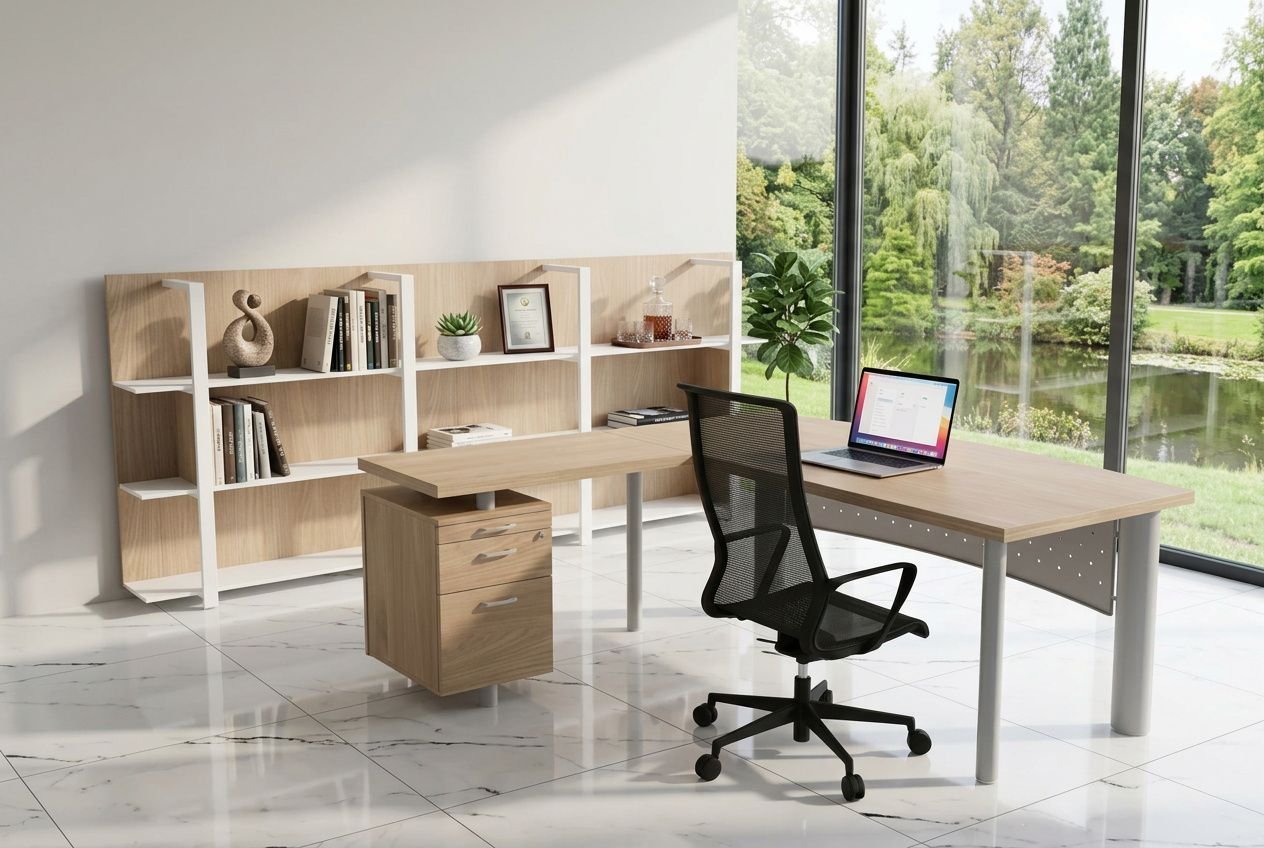Bureau moderne et épuré avec desk clair, chaise noire ergonomique et étagères en bois, près d’une grande baie laissant entrer la lumière. Intérieur minimaliste propice au désencombrement du bureau. comment désencombrer son bureau, espace organisé et lumineux.