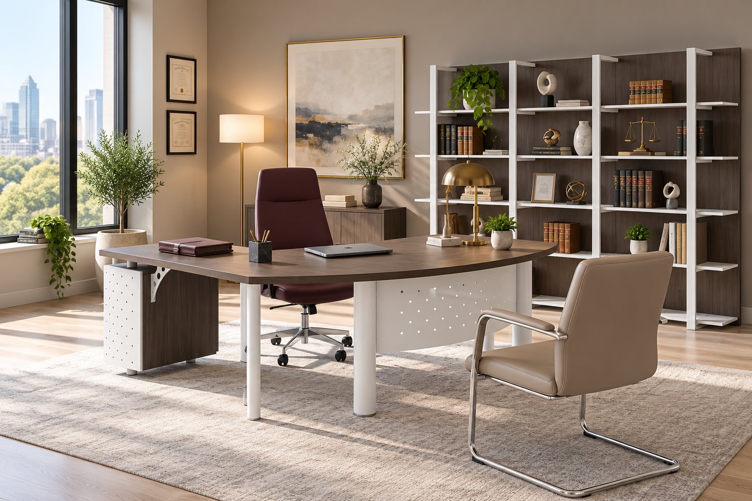 Un bureau moderne avec une grande table rectangulaire et deux fauteuils, dans un espace lumineux près d’une fenêtre et