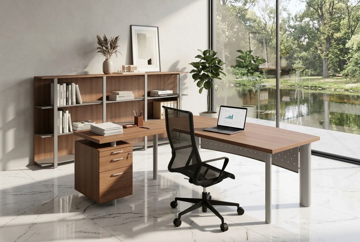 Bureau moderne avec meuble de rangement en bois, bureau principal et chaise pivotante noir, près de grandes fenêtres donnant sur un jardin; ambiance rangée et lumineuse. Incorporer le mot-clé: comment désencombrer son bureau.