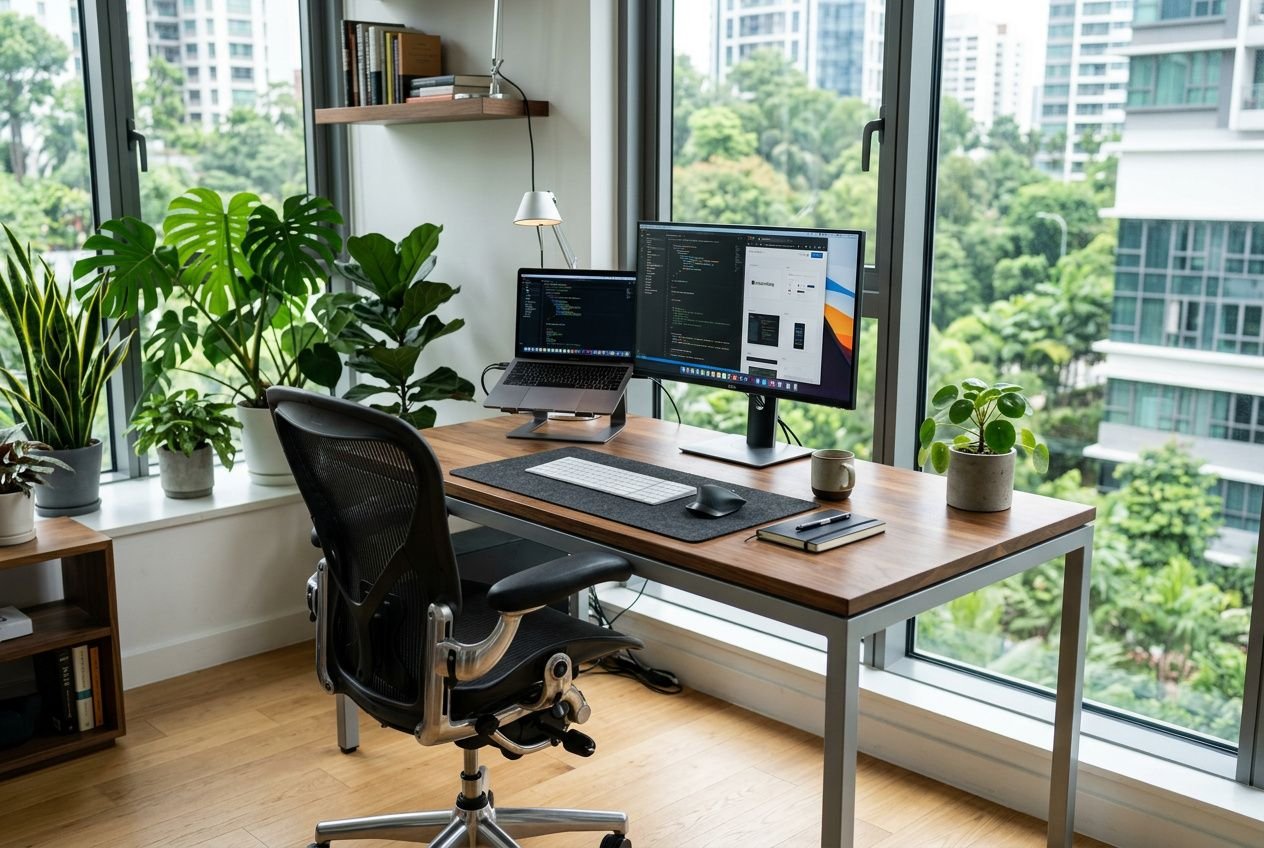 Bureau moderne près de grandes fenêtres, bureau en bois avec chaise ergonomique, deux moniteurs, plantes vertes et écosystème de travail lumineux pour un aménagement de bureaux design.