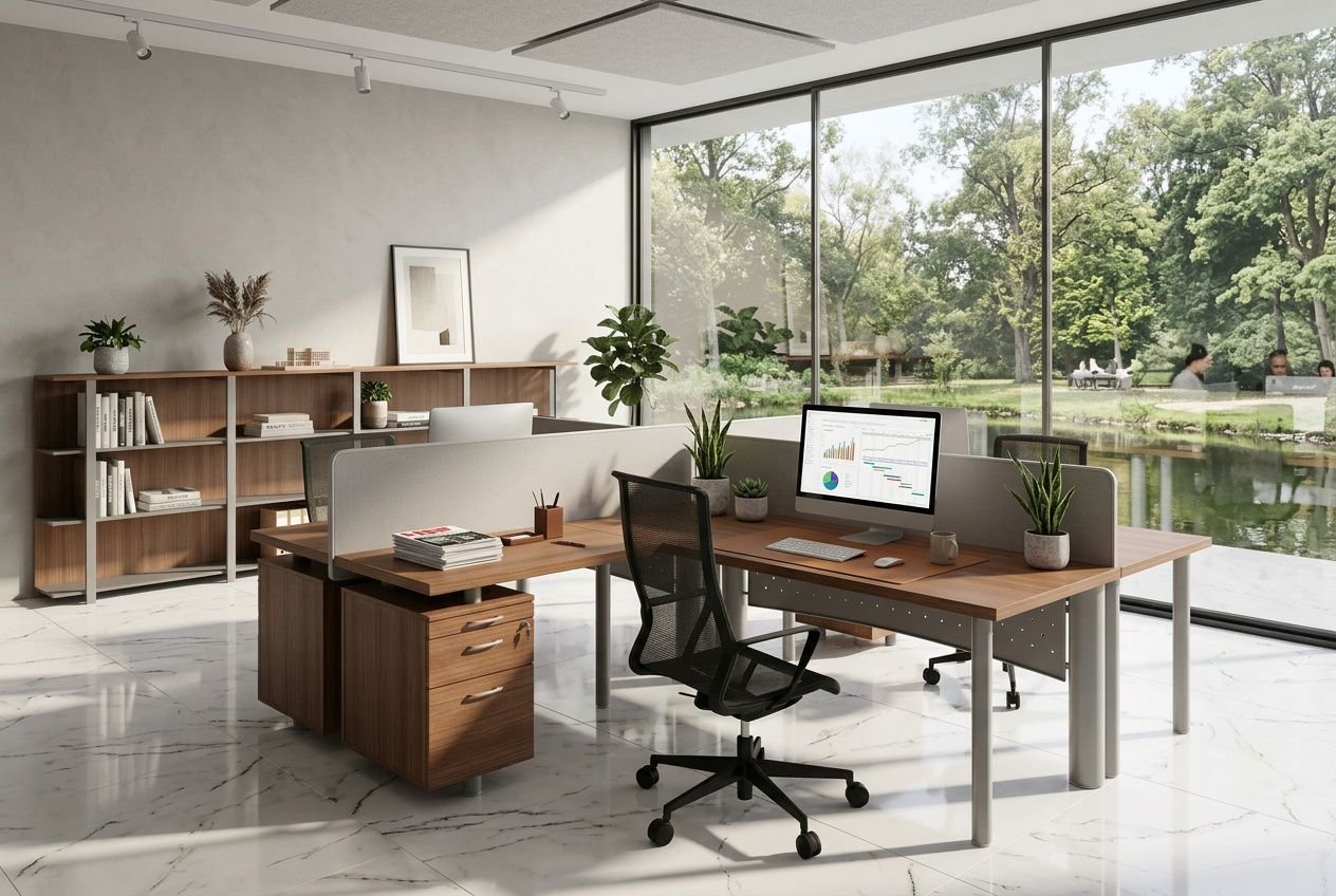 Bureau partagé moderne avec postes de travail en duo, grandes fenêtres, plantes et rangements, optimisant l’espace et le confort.