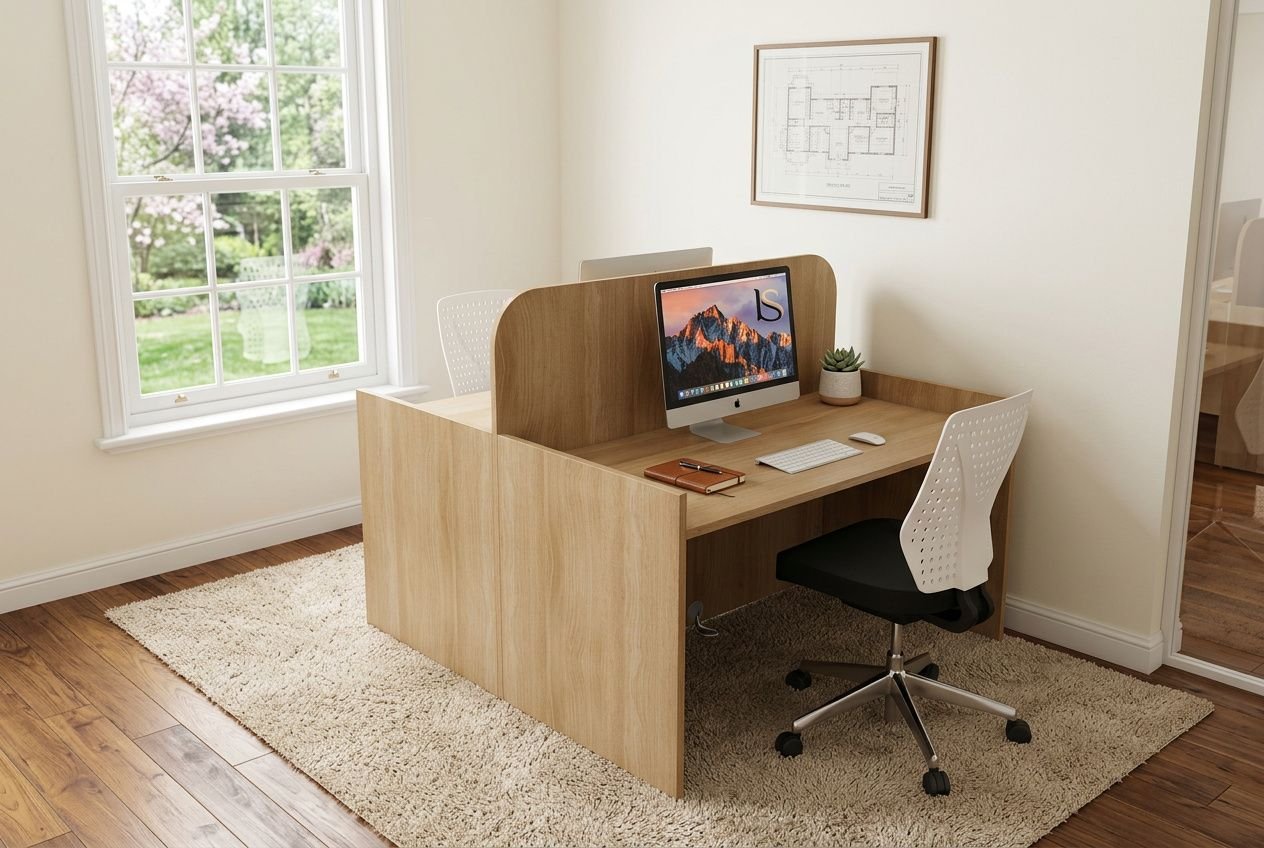 Bureau partagé en télétravail avec cloisonnement, chaise blanche ergonomique et ordinateur sur mesure, près d’une fenêtre lumineuse.