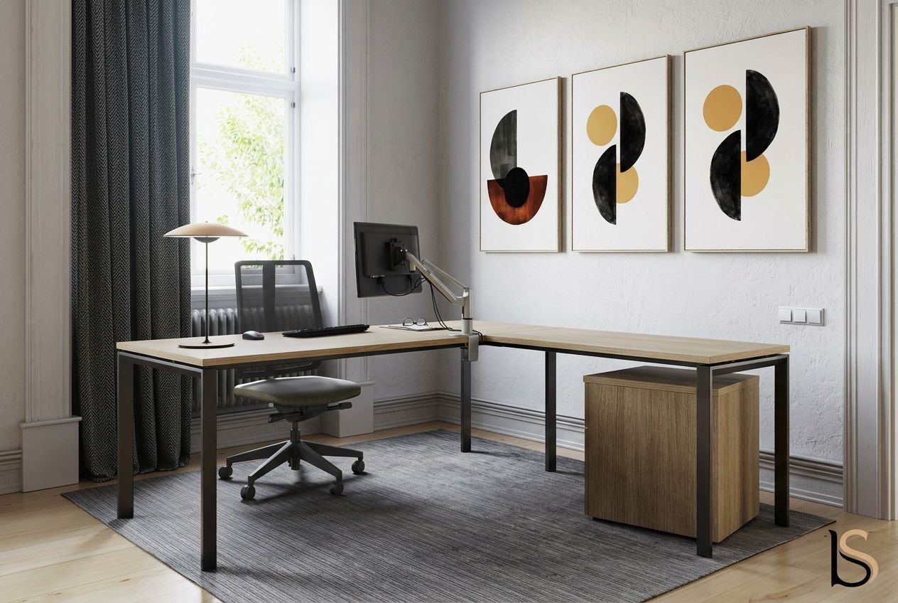 Bureau pro en L avec bureau en bois et caisse de rangement, chaise ergonomique, écran et lampe sur fond de décoration moderne. aménagement bureau pro intégré.