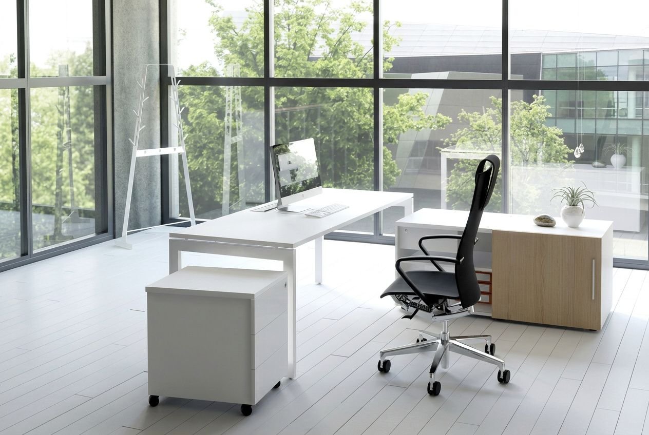 Bureau professionnel feng shui: espace lumineux avec bureau blanc, chaise noire ergonomique et caisson de rangement, grande baie vitrée et plantes en pot.